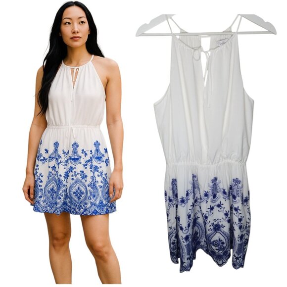 Parker White/Blue Embroidered Scalloped Hem Halter Mini Dress Size Medium - Picture 1 of 10